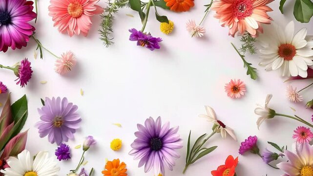 A frame of multicolored flowers on a white background