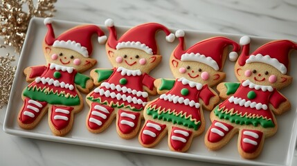 Fototapeta premium Festive elf-shaped cookies on a white platter, striped stockings, colorful icing details, perfect Christmas dessert idea for children, playful and joyful