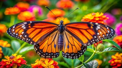 Obraz premium A breathtaking panorama features a vibrant orange and black butterfly with its wings spread wide, highlighting the stunning beauty and colorful wildlife of its natural habitat.