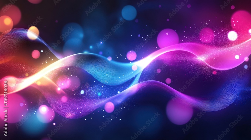 Poster a glowing digital background with abstract neon shapes and particle effects.