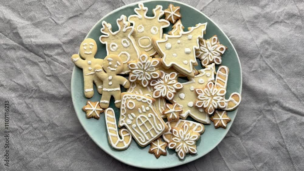 Wall mural Plate  with christmas cookies on a tablecloth