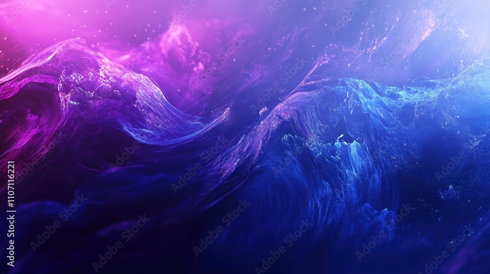 Poster a gradient digital background transitioning from deep blue to purple, with abstract lines and shapes