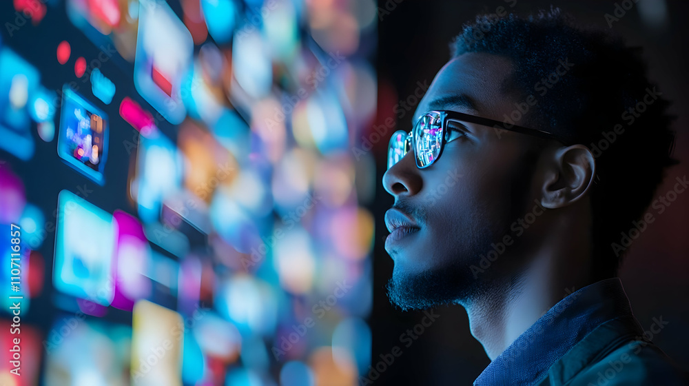 Aufkleber a person gazes thoughtfully at a vibrant screen displaying various media content.