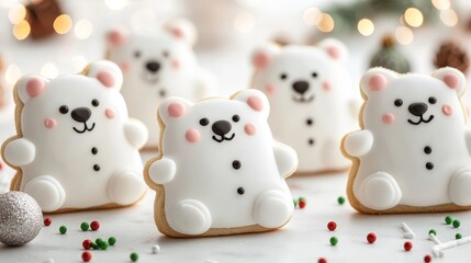 Festive polar bear cookies, shaped with round edges, detailed with smooth white icing for fur and black candy for the nose and eyes, holiday sprinkles in the background