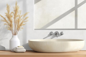 Fototapeta premium scandinavian bathroom, a spacious, minimalist japandi bathroom adorned with natural stone and a neutral palette exuding simplicity and tranquility