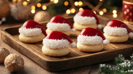 Festive Santa hat cookies with glossy red icing and fluffy coconut trim, presented on a wooden tray, warm lighting, family baking fun