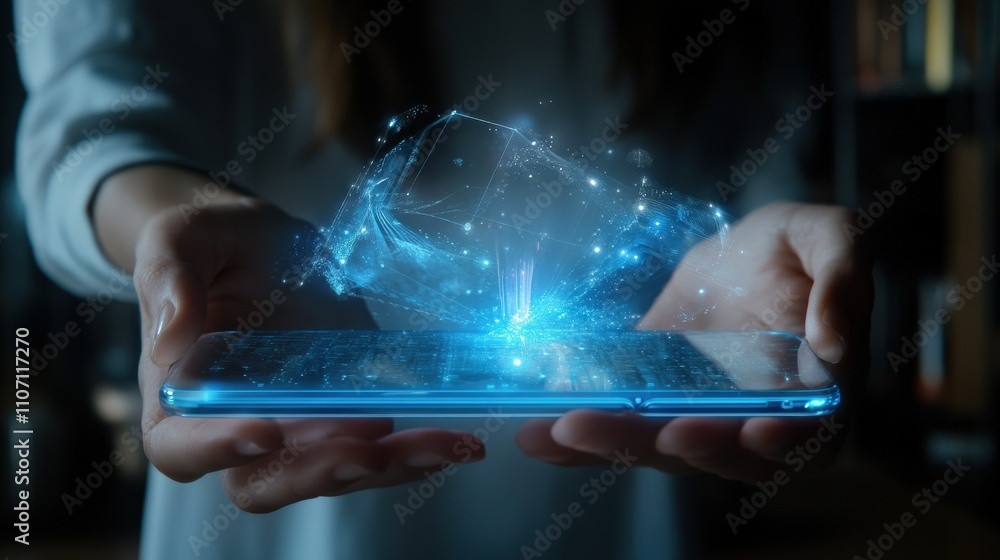 Poster a high-tech ai-powered mobile phone featuring a holographic scale interface that allows for real-tim