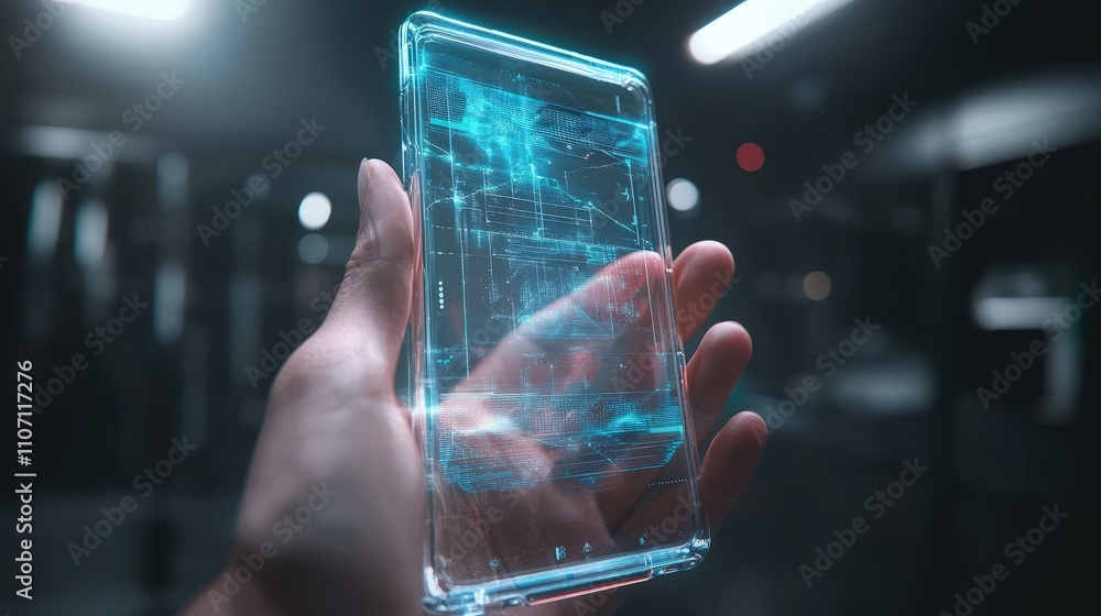 Poster a high-tech ai-powered mobile phone featuring a holographic scale interface that allows for real-tim