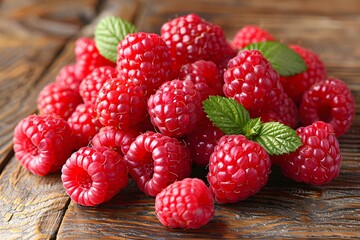 Fresh Raspberries with Mint Leaves on Rustic Wooden Background for Culinary Design