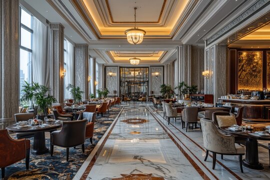 A large, elegant restaurant with a long dining room and a large chandelier - Powered by Adobe