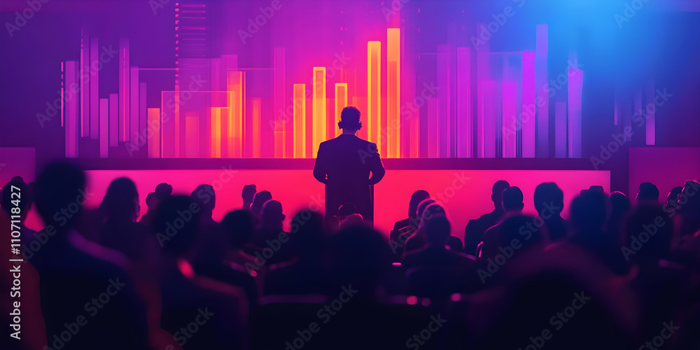 Poster a speaker presents on stage with a colorful backdrop to an engaged audience.