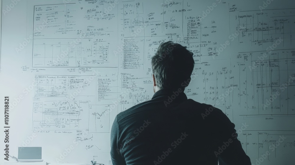Poster a mathematician working on a large whiteboard, solving a series of equations.