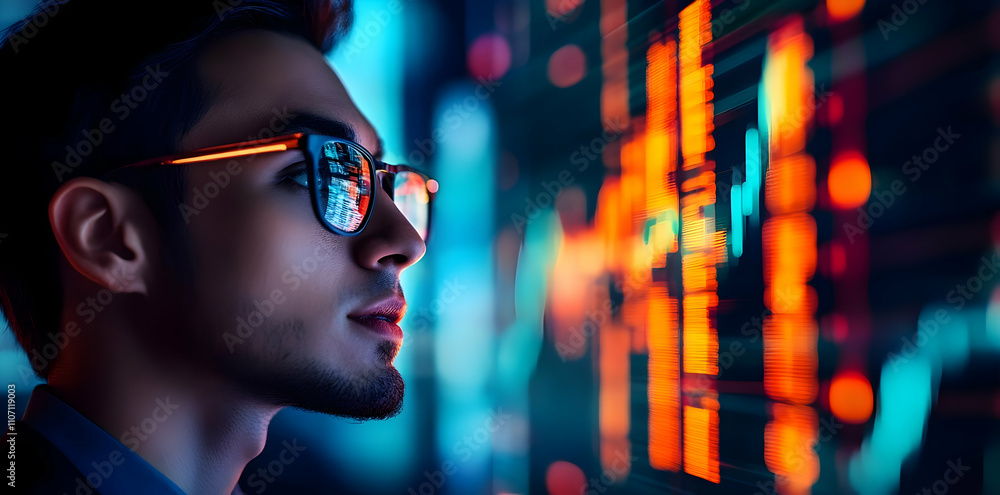 Poster A focused individual analyzing digital data on a screen, reflecting a tech-driven environment.