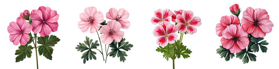 Obraz premium Vibrant Geranium Flowers Blooming on White Background