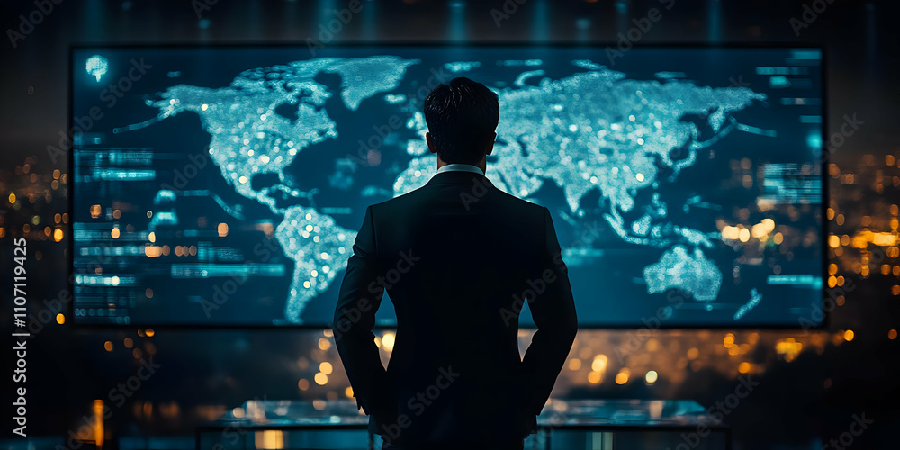 Aufkleber a person in a suit observes a digital world map on a screen in a modern office setting.