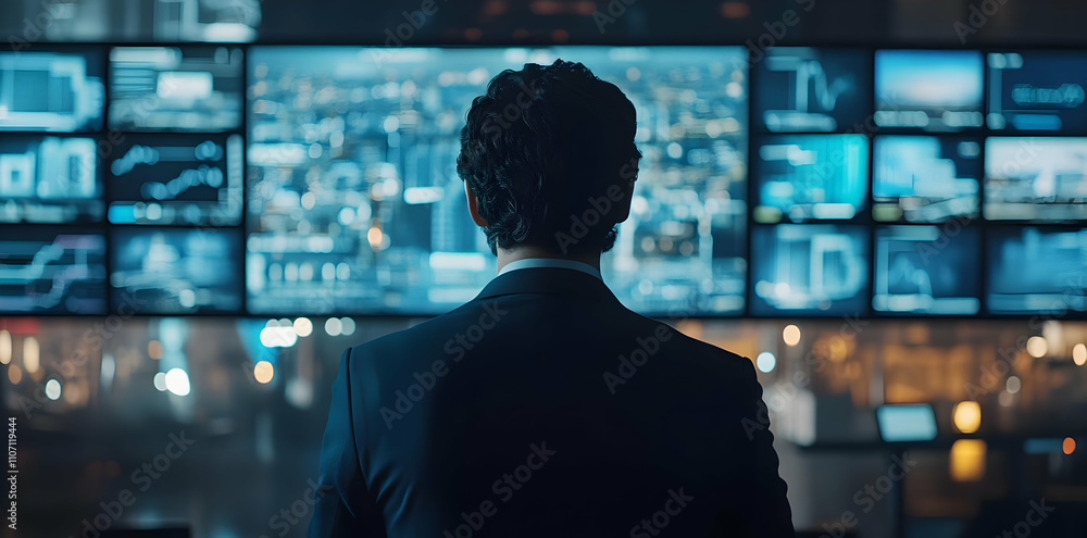 Poster A businessman observes data analytics on multiple screens in a modern office setting.