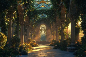 Fototapeta premium A large, open room with a lot of greenery and vines
