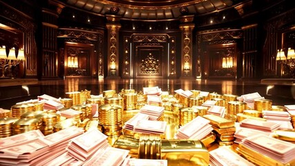 Shining golden vault door opens to reveal luxurious interior filled with cash and gold bars, embodying wealth and opulence in stunning display of luxury. - Powered by Adobe