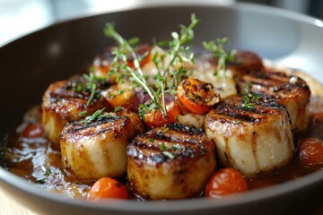 A plate of food with grilled vegetables and meat