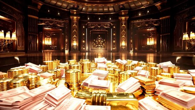 Shining golden vault door opens to reveal luxurious interior filled with cash and gold bars, embodying wealth and opulence in stunning display of luxury.