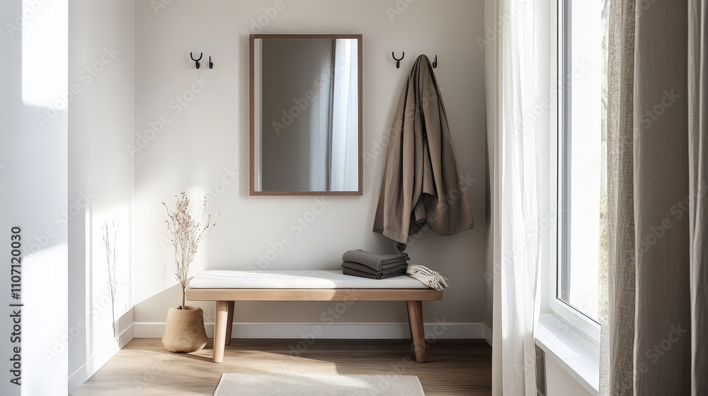 Aufkleber a minimalist entryway with a simple bench, sleek coat hooks, and a mirror with a simple frame.