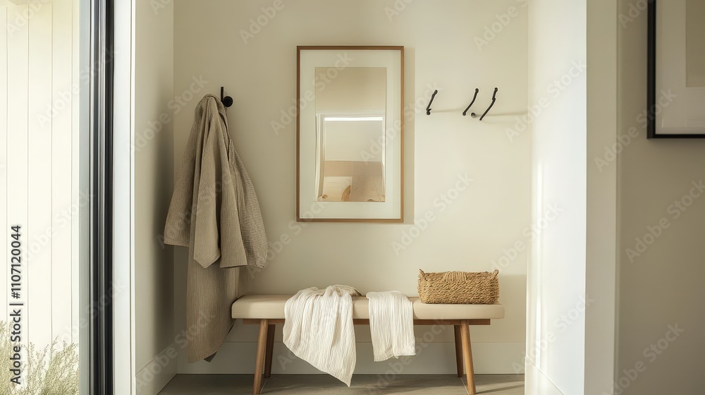 Poster a minimalist entryway with a simple bench, sleek coat hooks, and a mirror with a simple frame.