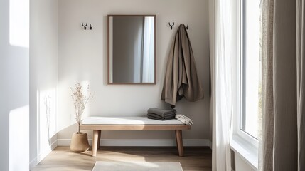 A minimalist entryway with a simple bench, sleek coat hooks, and a mirror with a simple frame.