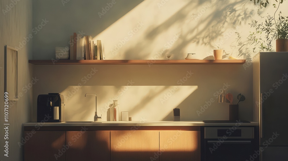 Poster a minimalist house with a small but efficient kitchen, featuring hidden storage, a simple countertop