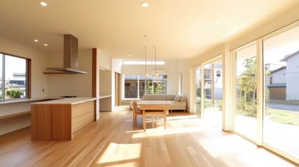 A minimalist house with an open-plan layout that merges the living, dining, and kitchen spaces.
