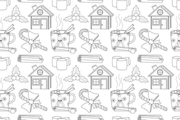 Black and white seamless pattern featuring mugs of cocoa, candy canes, gingerbread houses, holly, and cinnamon sticks.
