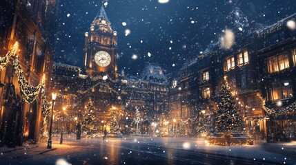 Fototapeta premium A Beautiful Winter Night in a Festively Decorated City Square with Glittering Lights, Snowfall, and a Historic Clock Tower Surrounded by Holiday Cheer