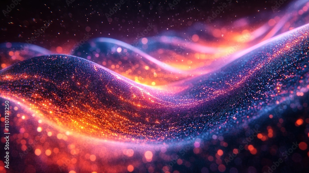 Poster abstract glowing waves of particles in vibrant colors, creating a dynamic and futuristic background.