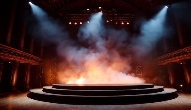 Dramatic concert stage illuminated by vibrant lights and fog, creating intense ambiance for unforgettable performances in stunning venue.