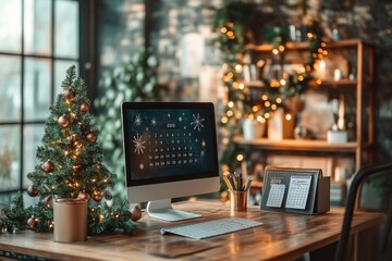 A computer monitor sits on a desk next to a Christmas tree and a calendar