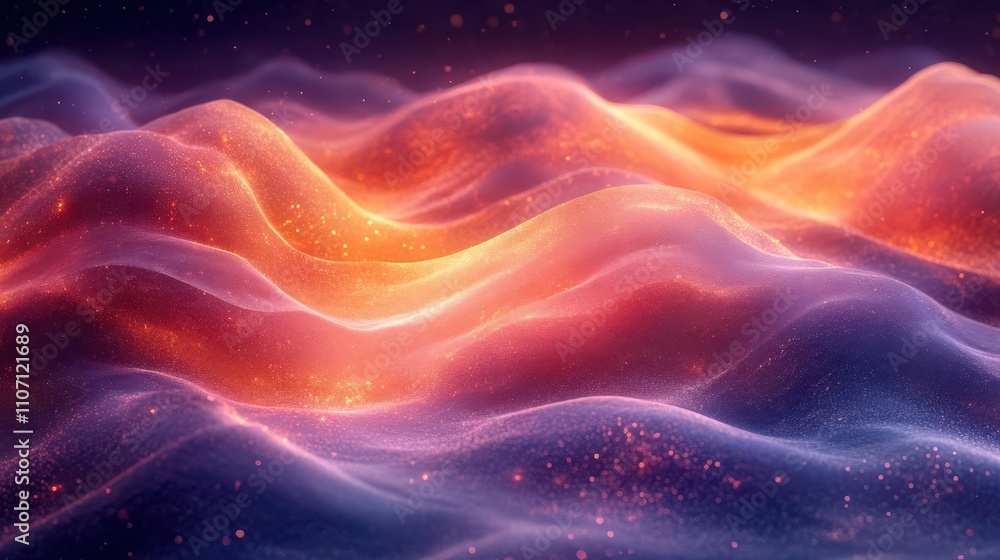 Poster a mesmerizing digital landscape featuring undulating waves of vibrant colors, blending soft gradient