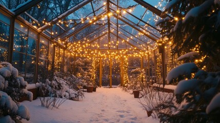 Enchanting Winter Wonderland: A Cozy Greenhouse Adorned with Twinkling Lights Amidst a Serene Snowy Landscape