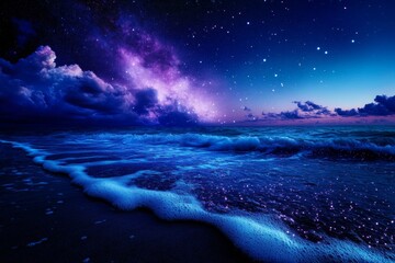 Mesmerizing Night Ocean with Bioluminescent Waves Under a Starry Sky