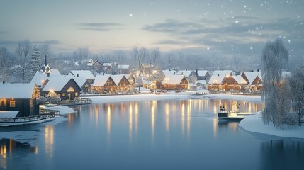 Serene Winter Wonderland: Tranquil Village Beside a Frozen Lake Under Soft Snowfall at Dusk, Illuminated by Warm Lights and Surrounded by Nature's Beauty