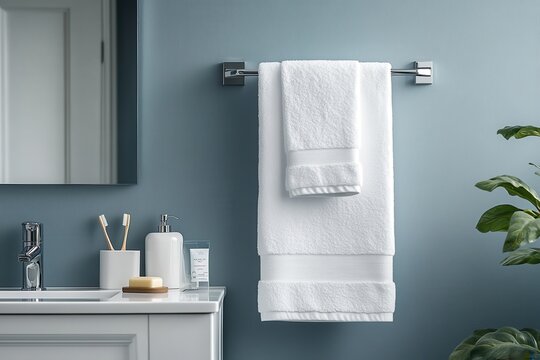 A bathroom with a white towel hanging on a towel rack