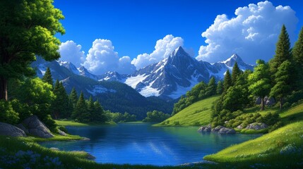 Obraz premium Picturesque Alpine Lake with Snow-Capped Mountains and Verdant Forests