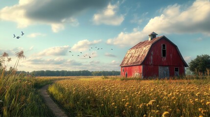 Obraz premium Peaceful rural farm scene with a weathered barn and ample copy space for countryside themes