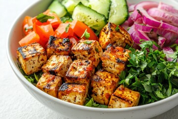Fototapeta premium Close-up of delicious tofu salad with fresh vegetables in bowl