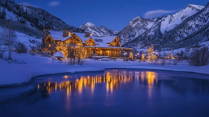 Serene Winter Evening at a Luxurious Mountain Lodge Surrounded by Snow-Capped Peaks, Illuminated by Golden Lights and Reflected in a Tranquil Frozen Lake