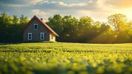 A Small House in a Green, Sun-Kissed Field