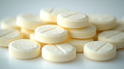 Pile of light yellow, round pills with a center indentation.