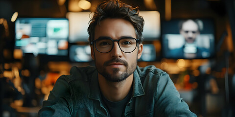 Fototapeta premium A young man with glasses sits in a modern setting, focused and engaged.