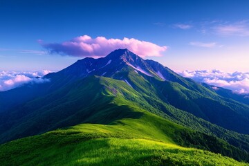 Verdant Mountain Peak with Rolling Hills and Cloudy Sky