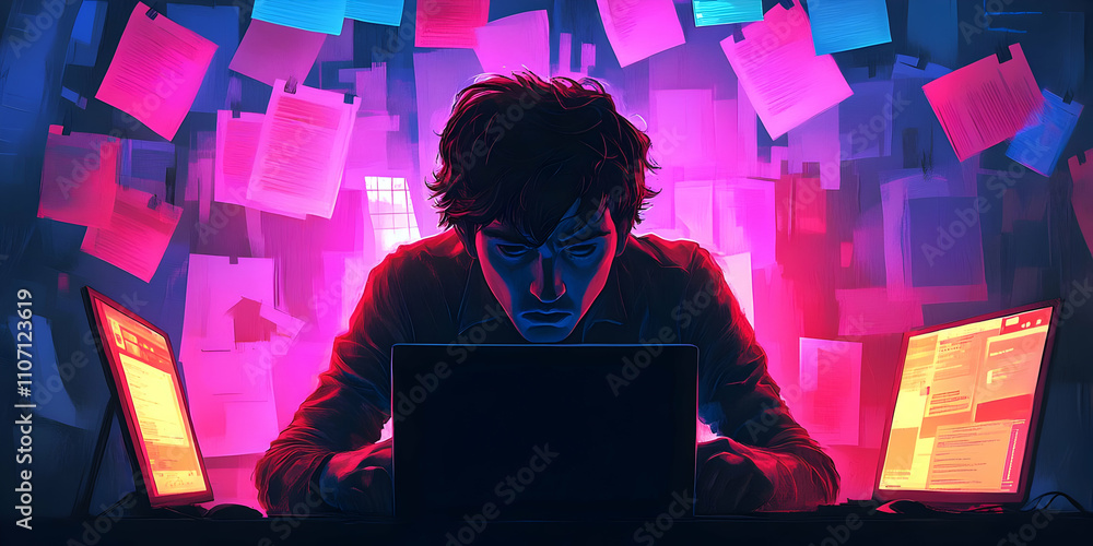 Poster a focused individual working on a laptop amidst a chaotic backdrop of papers.