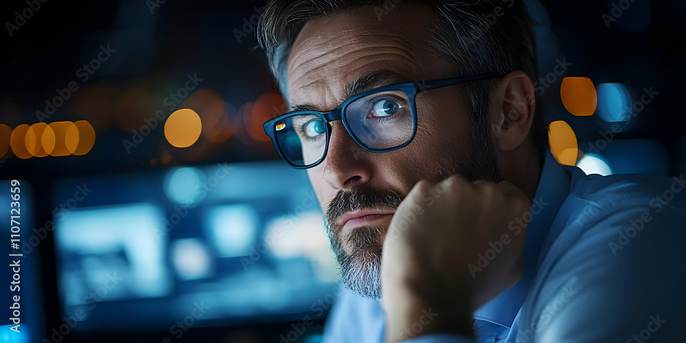Poster A focused individual in an office setting, illuminated by screens and ambient light.