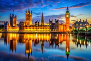 Stunning Low Light View of Big Ben and the Houses of Parliament Reflected in the River Thames at Night, Capturing the Majestic Beauty of London’s Iconic Landmark